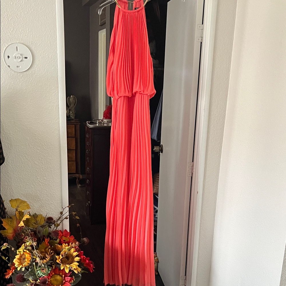 MSK Coral Halter Pleated Maxi Dress